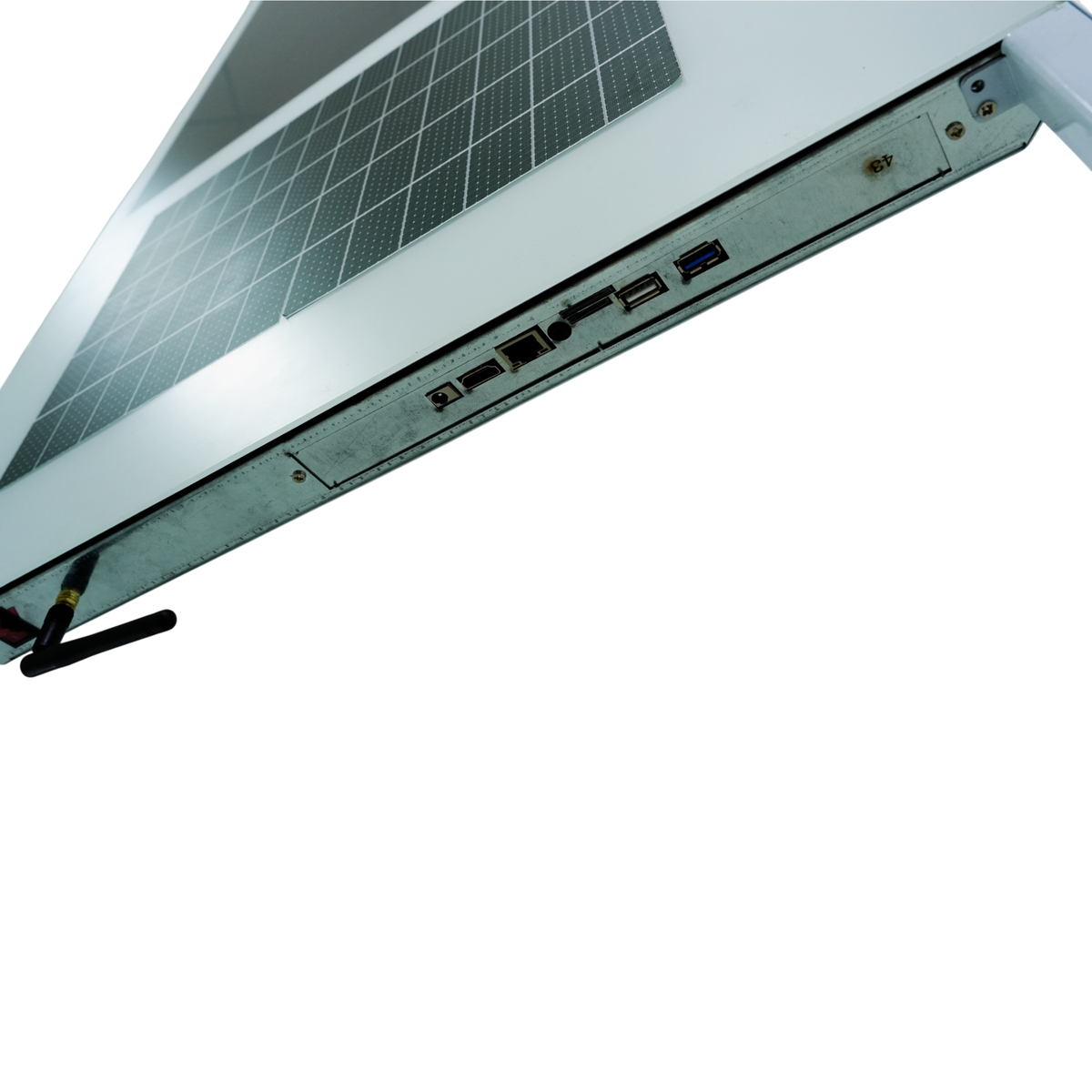 Detail of the solar panel edge and connector housing on the 43-inch RLCD kiosk