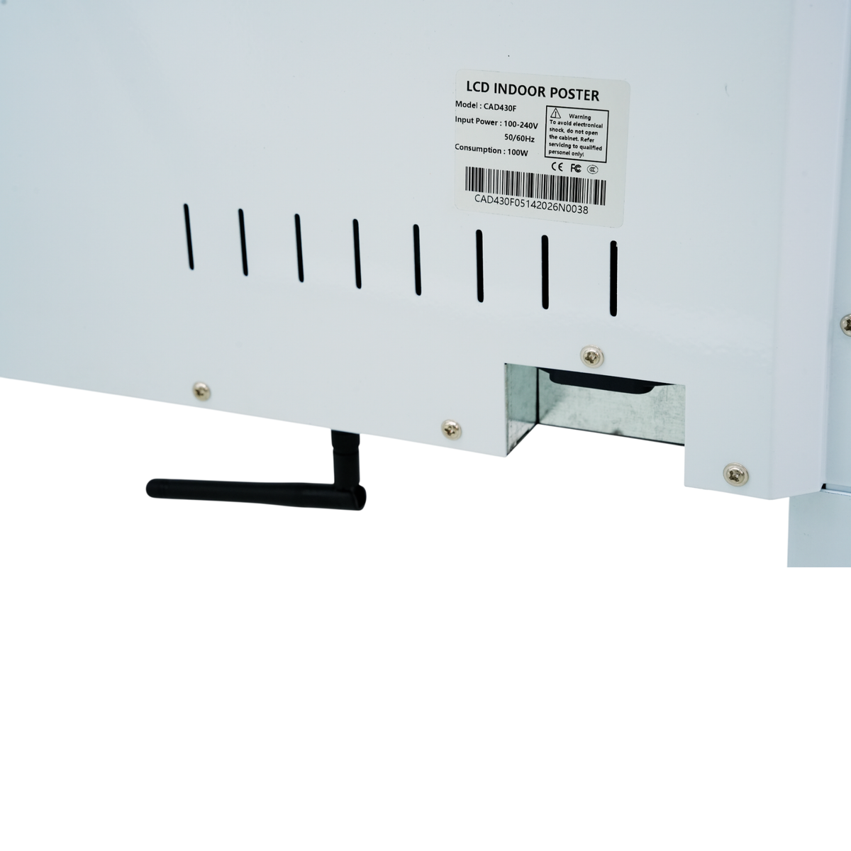 Rear lower panel of the 43-inch RLCD kiosk with the rating label and cable port