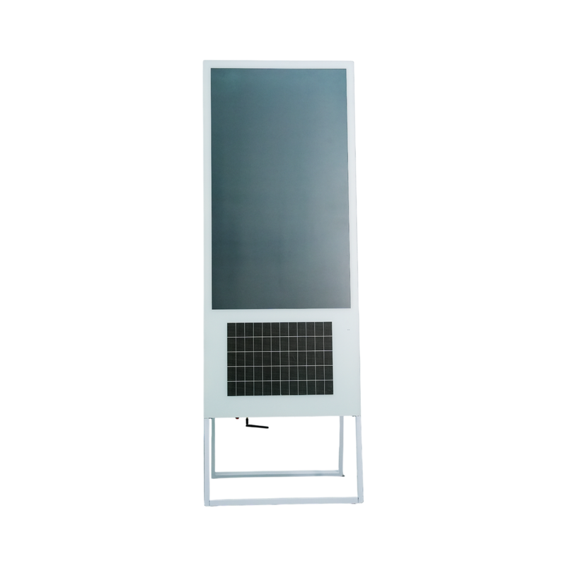 43-inch RLCD kiosk, front view: portrait reflective display above the integrated solar panel on a white free-standing frame