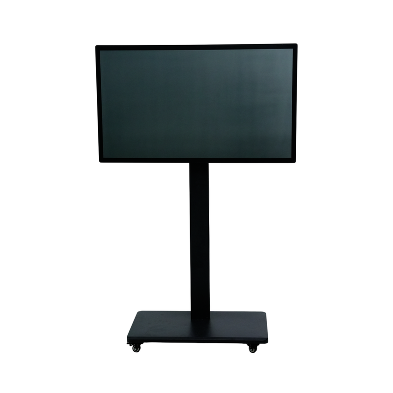 43-inch RLCD display mounted on a black floor stand, front view