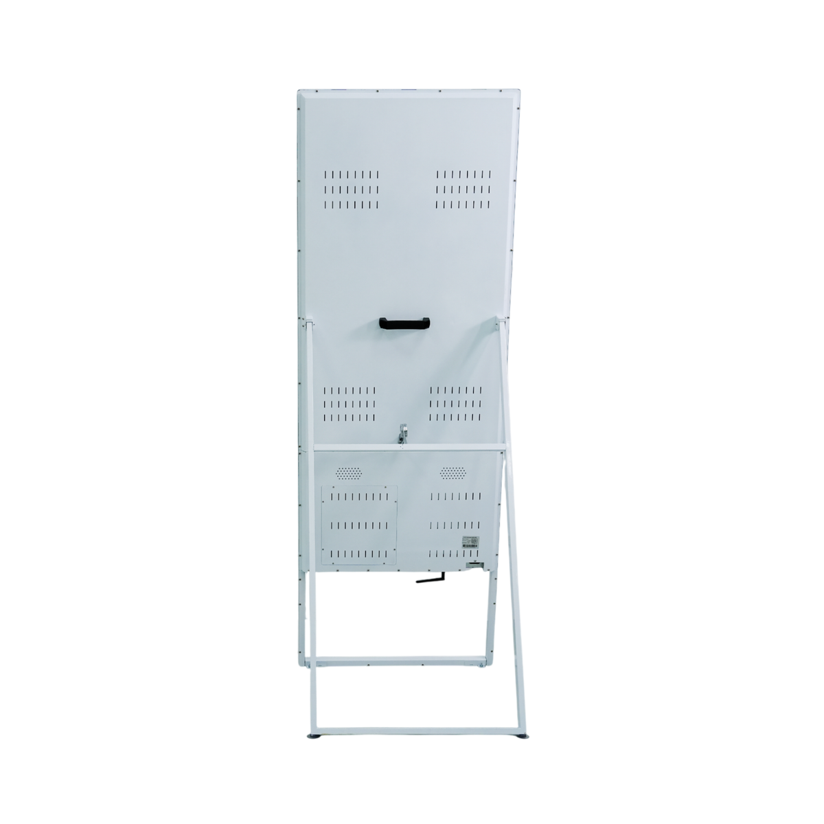 Rear view of the 43-inch RLCD kiosk showing the vented back panel and folding stand