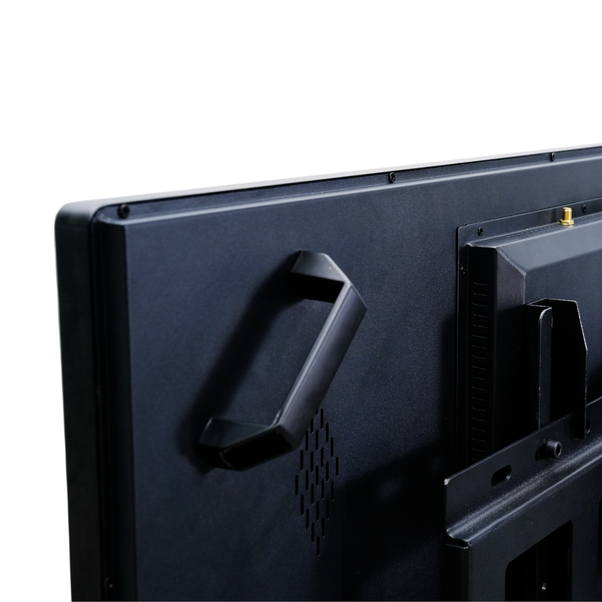 Rear corner of the 43-inch RLCD display with carry handle and mount bracket
