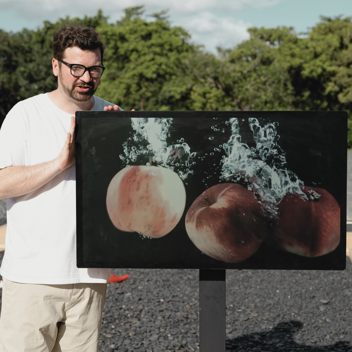 43-inch RLCD display held outdoors, showing a full-colour image in daylight