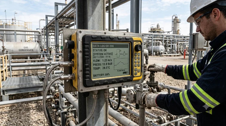 An operator reading a panel-mounted data logger display on outdoor process pipework