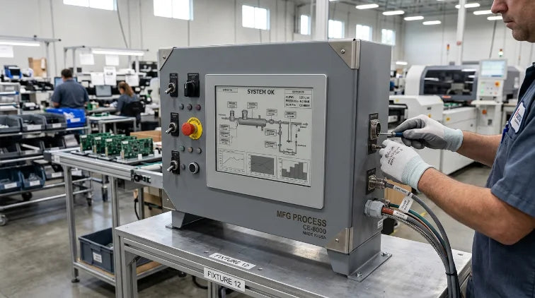 A technician connecting a panel-mounted process display on a production floor