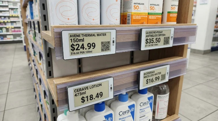 Electronic shelf-edge labels showing prices on a pharmacy shelf