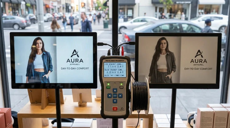 Two shop-window displays with a power meter between them comparing their energy draw