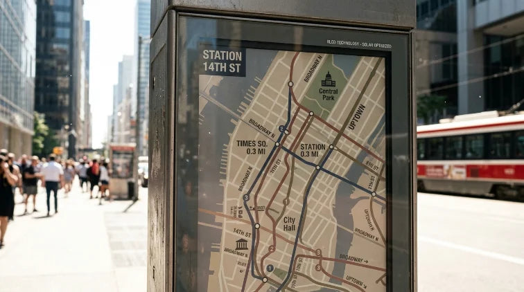 A street-side transit map display staying readable in full midday sun