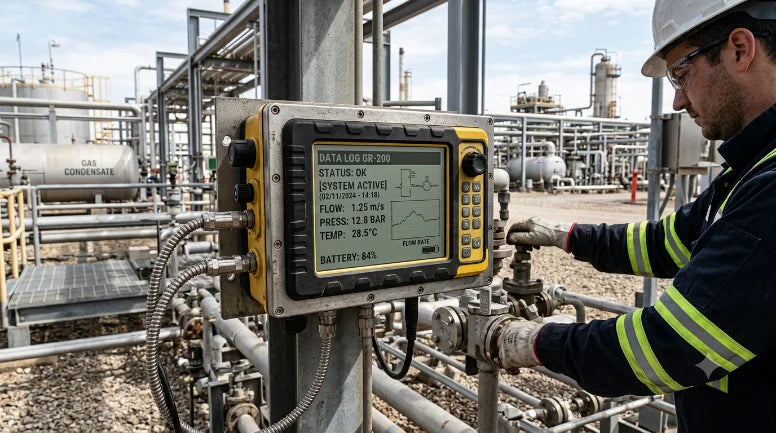 An operator using a panel-mounted display on outdoor process equipment