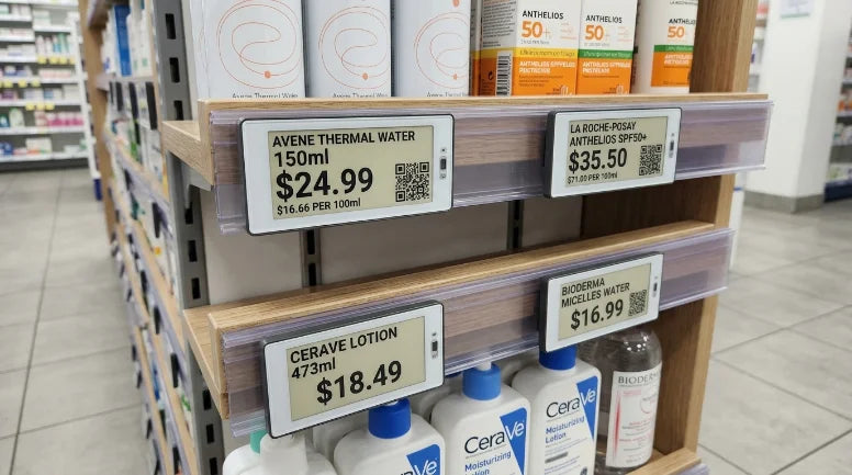 Electronic shelf-edge labels showing prices along a supermarket aisle