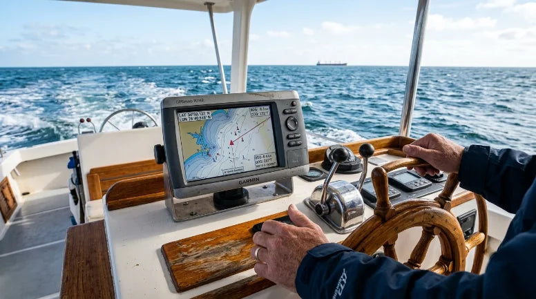 A chartplotter display at a boat’s helm on open water