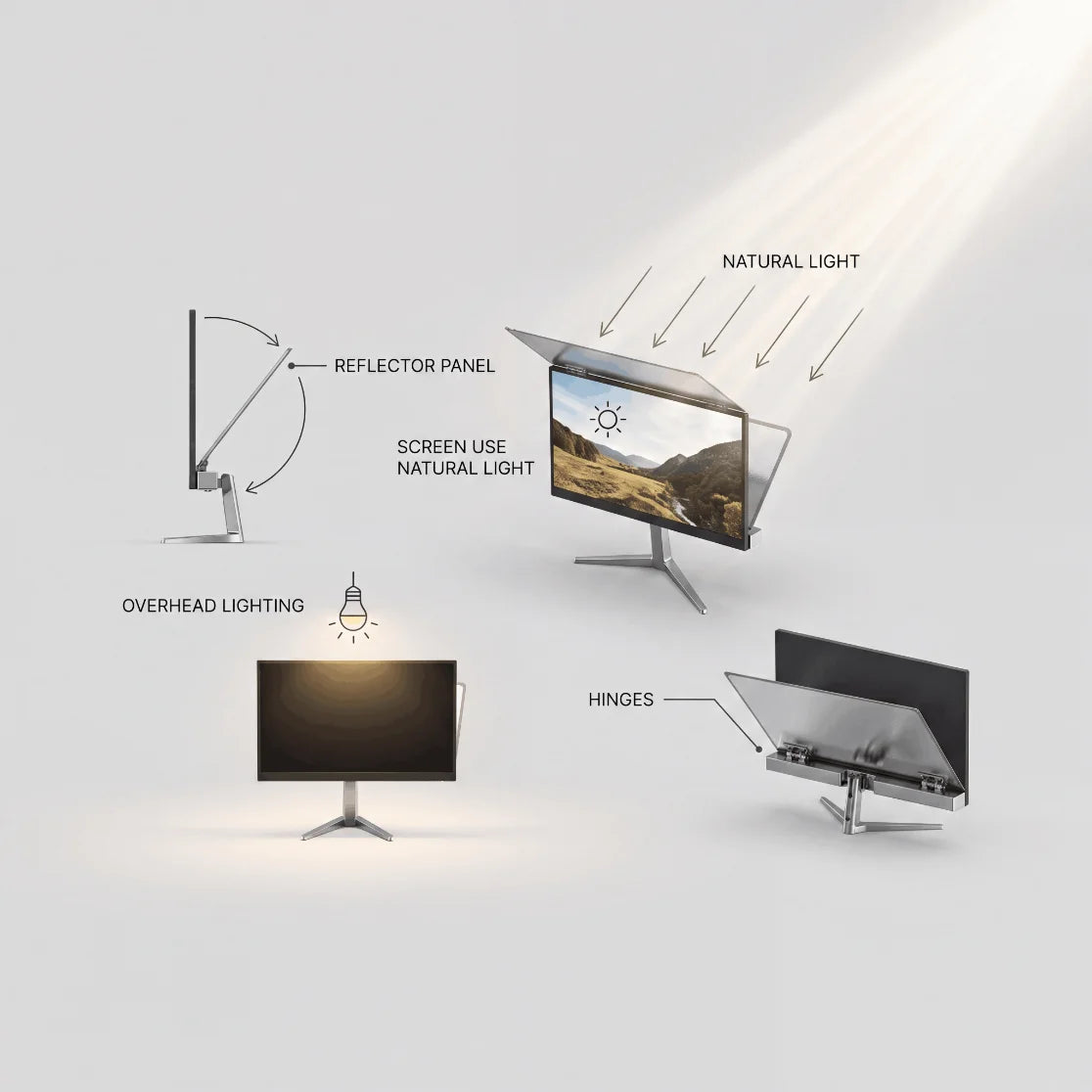 A reflective monitor with a hinged reflector panel, annotated for natural and overhead light