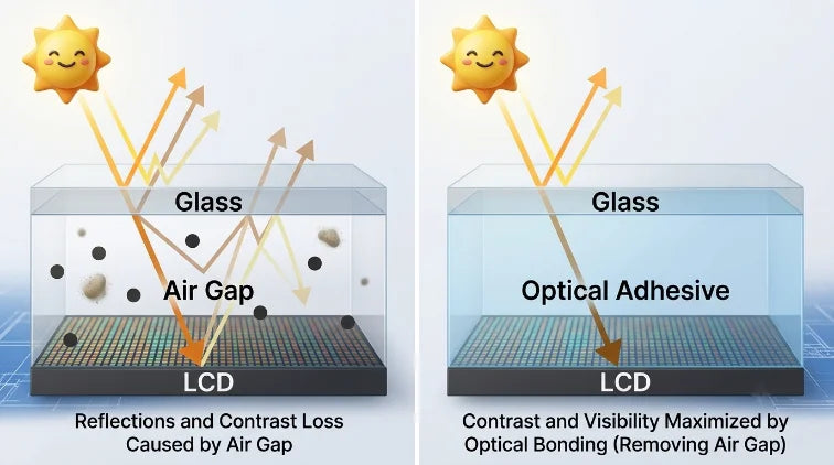 Diagram comparing an air gap and optical adhesive between the cover glass and the LCD